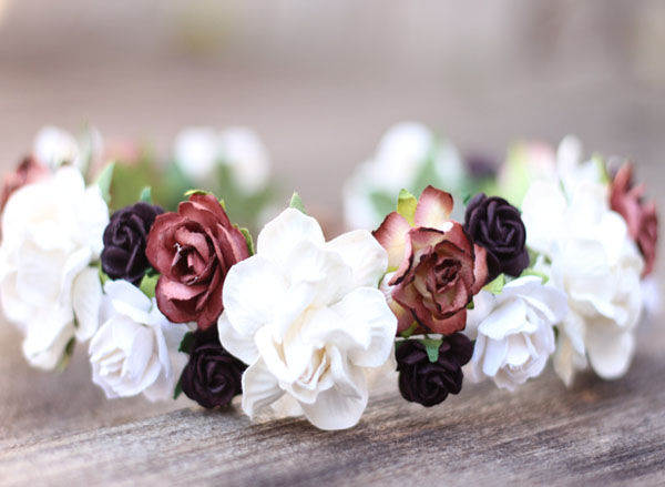 Bridal Headpiece Maroon Plum and Ivory Wedding Flower Crown Head Wreath Floral Hair Garland Boho Hair Crown